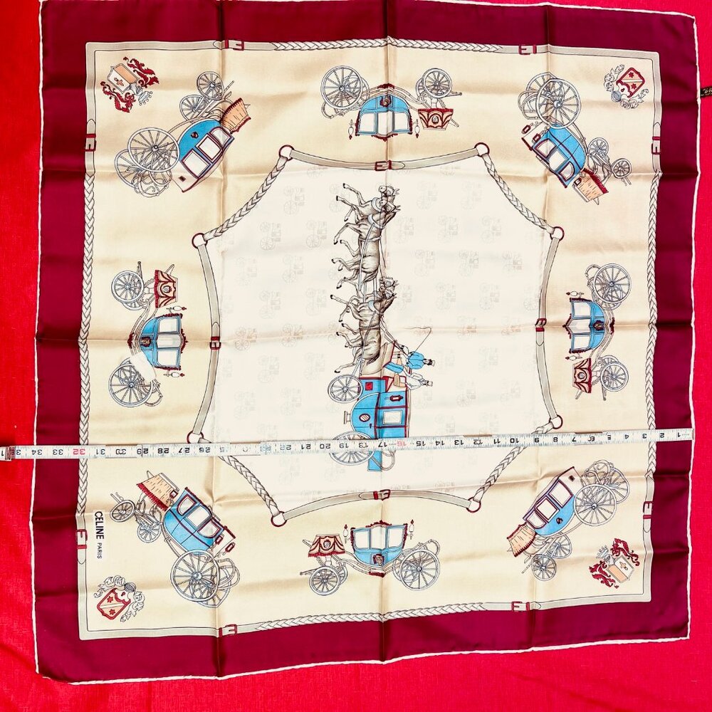 Unused Celine Paris Scarf 100% Silk 34" Gold Tan Brgendy Carriage Horses (39) - Picture 10 of 13